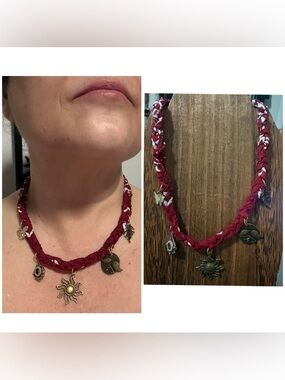 Handmade Boho Red Braided distressed bandana Charm Necklace